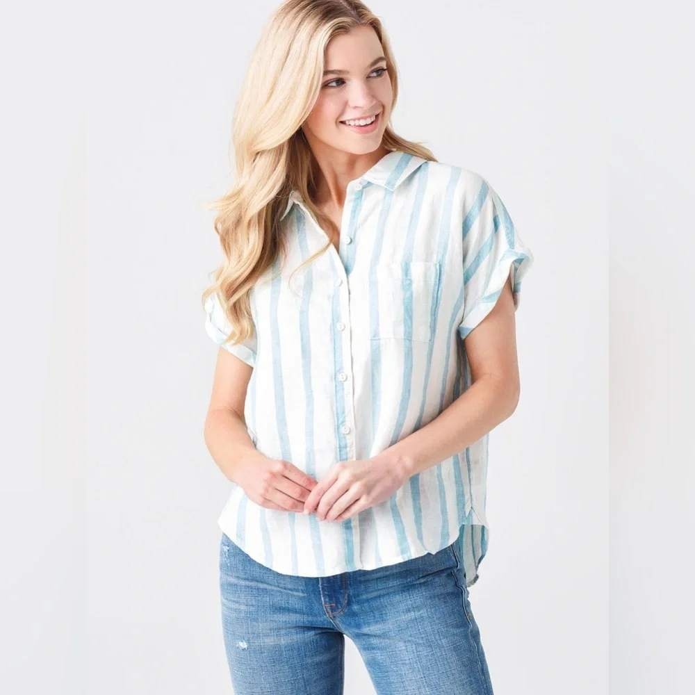 Faherty Top Womens L Blue White Stripe Linen Avery Short Sleeve Button Down